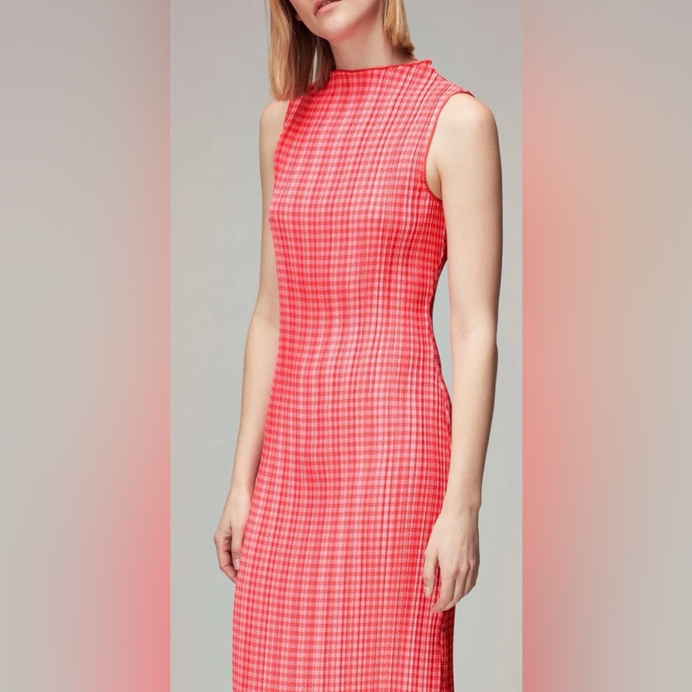 Whistles Pink Houndstooth Plissé Midi Chic Dress Pleated Sleeveless US 16 - Picture 2 of 11
